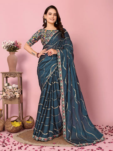 Graceful Teal Color Silk Fabric Designer Saree