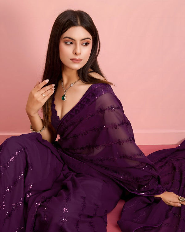 Beautiful Wine Color Georgette Fabric Designer Saree