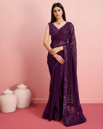 Beautiful Wine Color Georgette Fabric Designer Saree