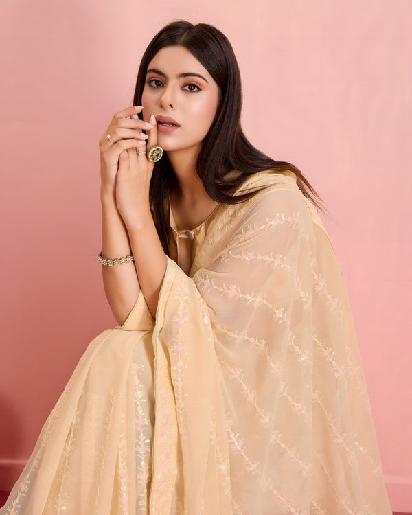 Beautiful Cream Color Georgette Fabric Designer Saree