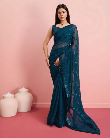 Beautiful Teal Color Georgette Fabric Designer Saree