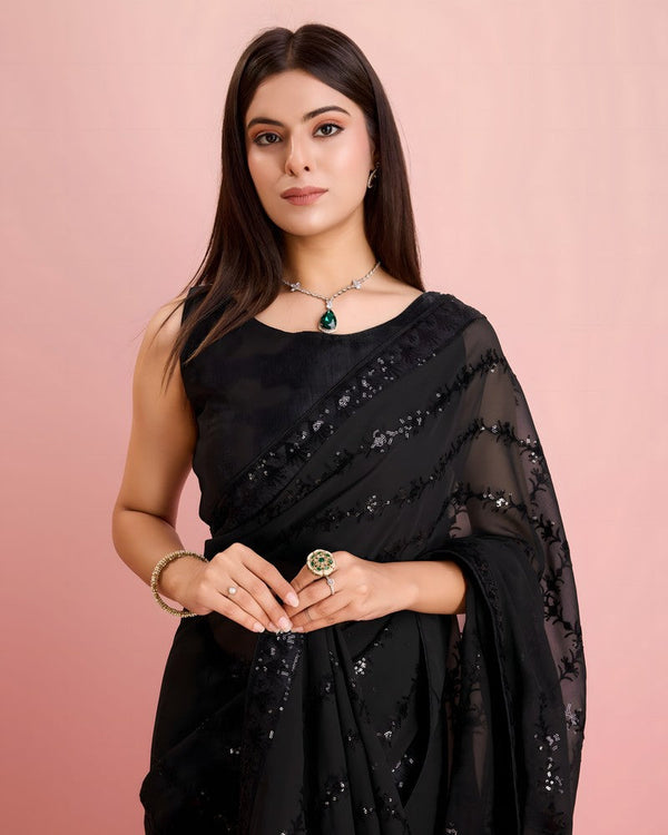 Beautiful Black Color Georgette Fabric Designer Saree