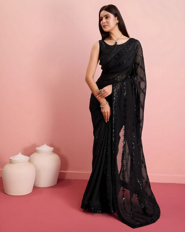 Beautiful Black Color Georgette Fabric Designer Saree