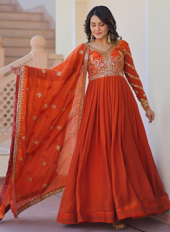 Dazzling Orange Color Fandy Fabric Gown