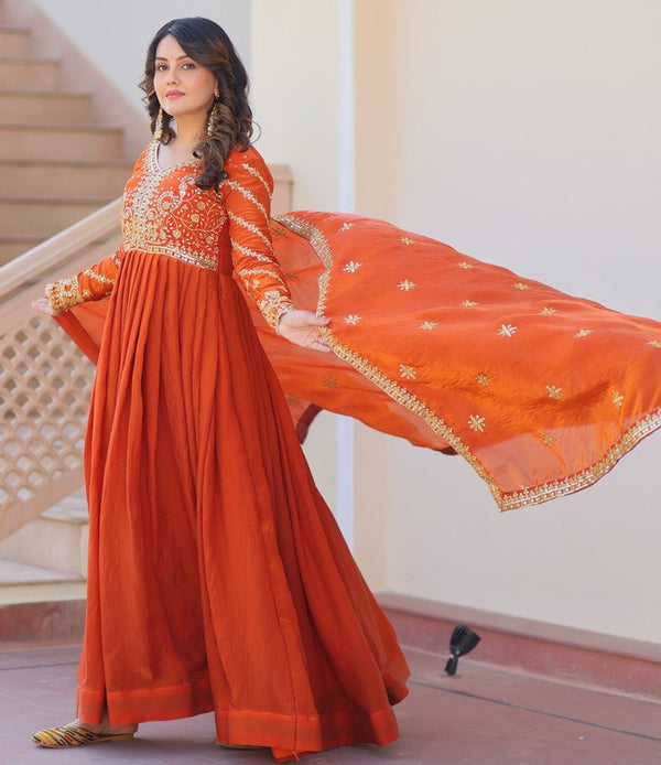 Dazzling Orange Color Fandy Fabric Gown