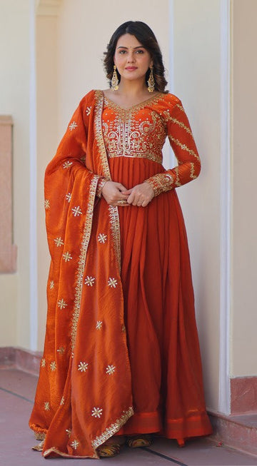 Dazzling Orange Color Fandy Fabric Gown