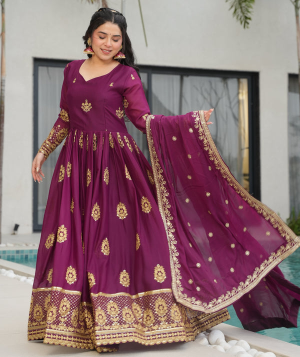 Dazzling Wine Color Georgette Fabric Gown
