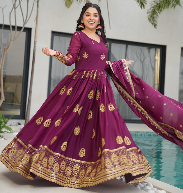 Dazzling Wine Color Georgette Fabric Gown