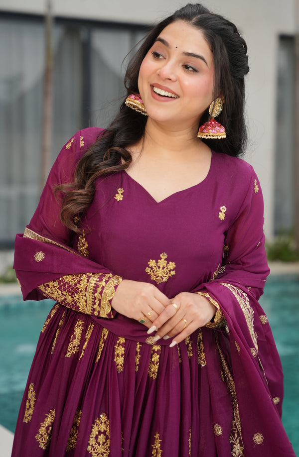 Dazzling Wine Color Georgette Fabric Gown