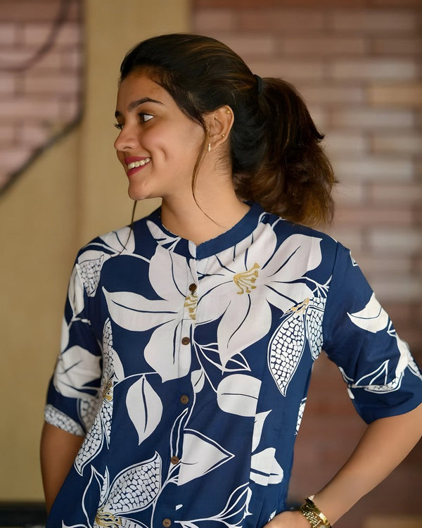 Divine Navy Blue Color Cotton Fabric Designer Kurti