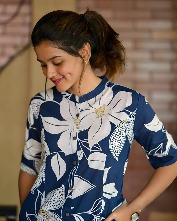 Divine Navy Blue Color Cotton Fabric Designer Kurti
