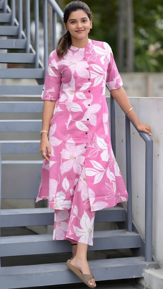 Divine Pink Color Cotton Fabric Designer Kurti