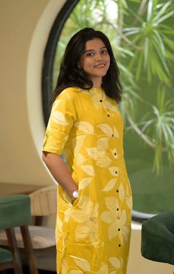 Divine Yellow Color Cotton Fabric Designer Kurti
