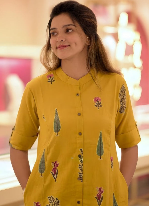 Divine Yellow Color Cotton Fabric Designer Kurti