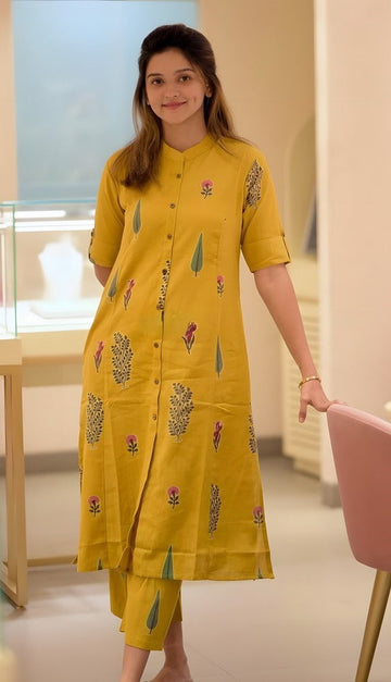 Divine Yellow Color Cotton Fabric Designer Kurti