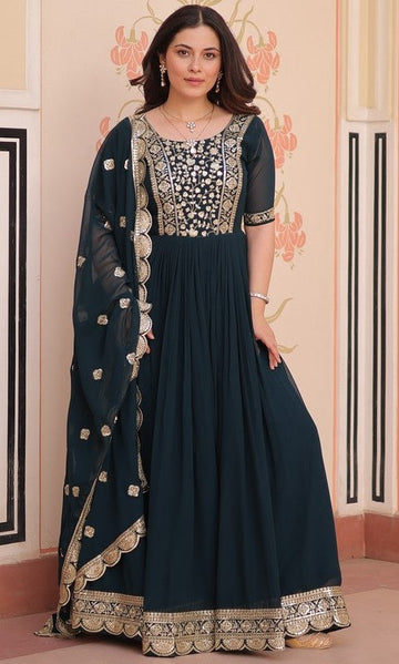 Amazing Green Color Blooming Fabric Gown