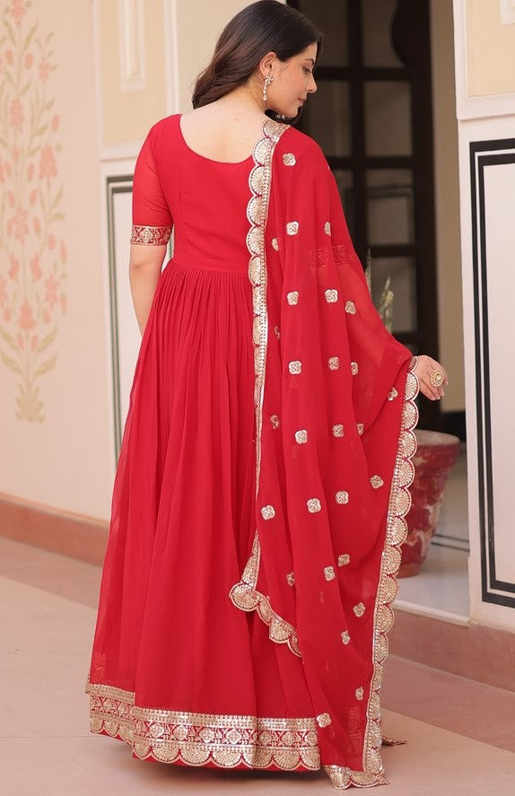 Amazing Red Color Blooming Fabric Gown