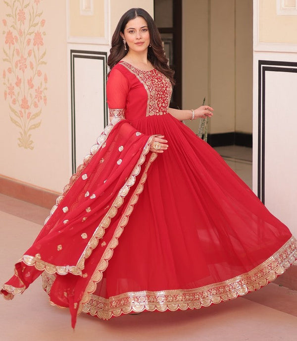 Amazing Red Color Blooming Fabric Gown