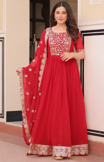 Amazing Red Color Blooming Fabric Gown