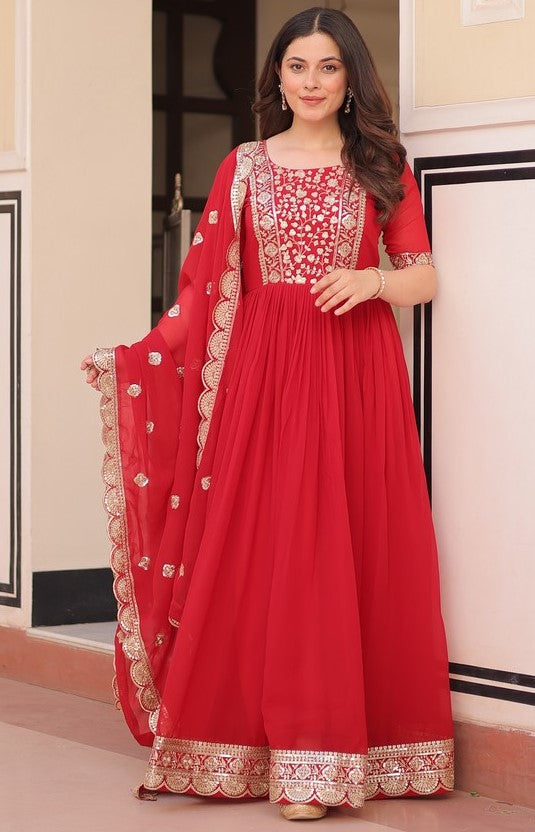 Amazing Red Color Blooming Fabric Gown