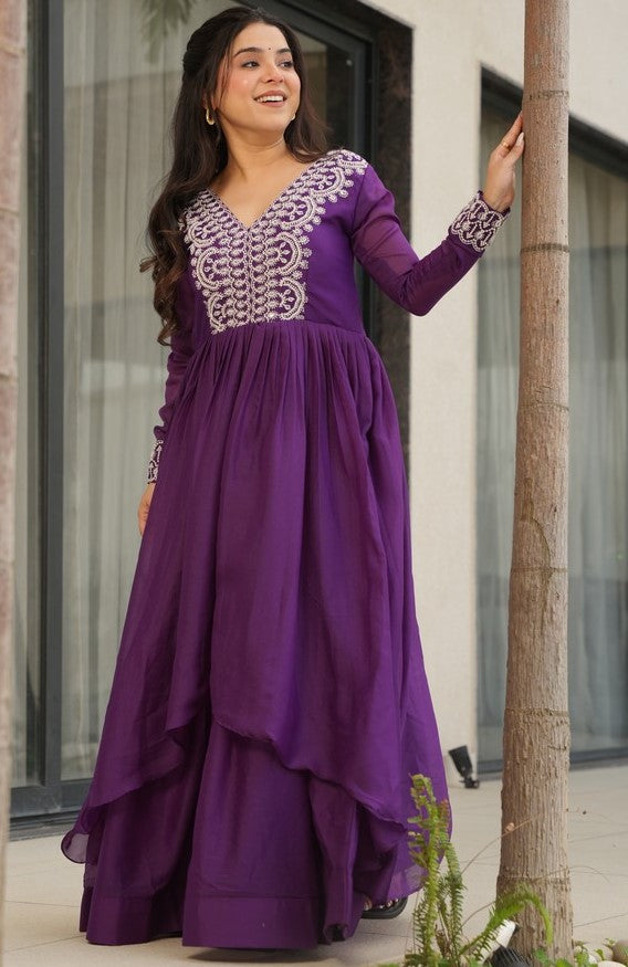Pretty Purple Color Georgette Fabric Gown