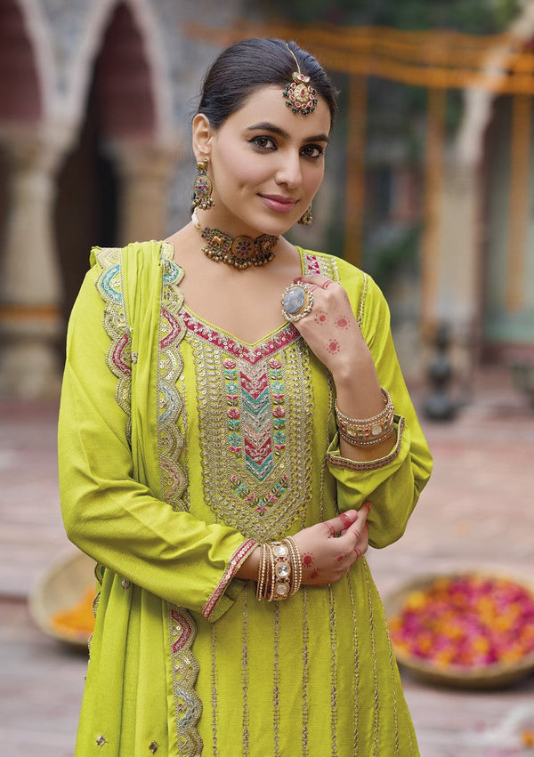Tasteful Green Color Chinon Fabric Plazzo Suit