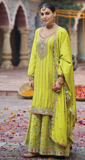 Tasteful Green Color Chinon Fabric Plazzo Suit