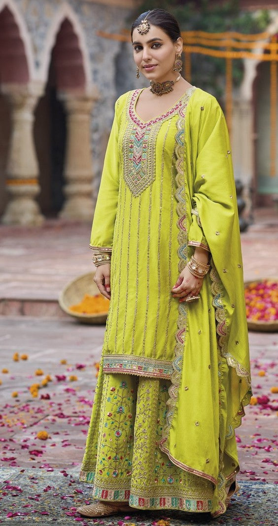 Tasteful Green Color Chinon Fabric Plazzo Suit