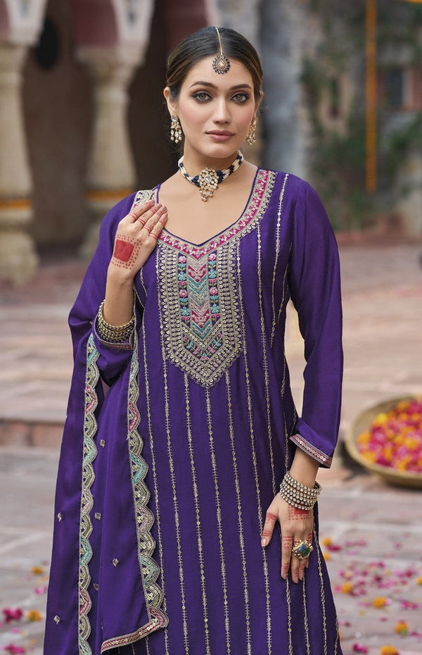 Tasteful Purple Color Chinon Fabric Plazzo Suit