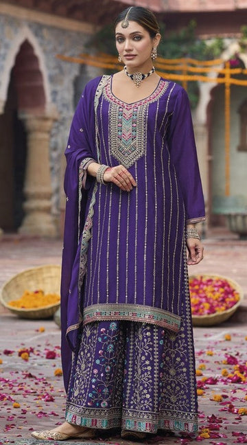 Tasteful Purple Color Chinon Fabric Plazzo Suit