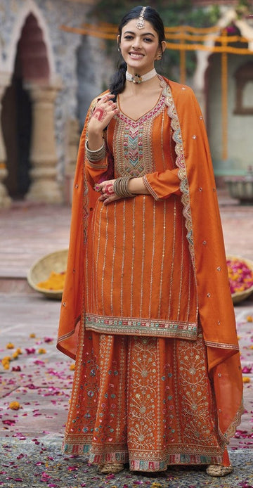 Tasteful Orange Color Chinon Fabric Plazzo Suit