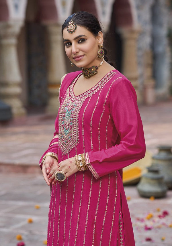 Tasteful Pink Color Chinon Fabric Plazzo Suit