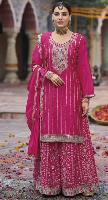 Tasteful Pink Color Chinon Fabric Plazzo Suit