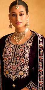 Striking Voilet Color Velvet Fabric Plazzo Suit