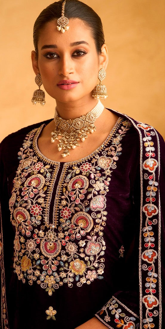 Striking Voilet Color Velvet Fabric Plazzo Suit