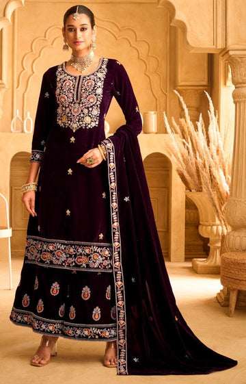 Striking Voilet Color Velvet Fabric Plazzo Suit