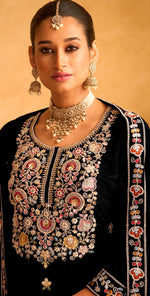 Striking Black Color Velvet Fabric Plazzo Suit