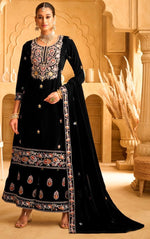 Striking Black Color Velvet Fabric Plazzo Suit