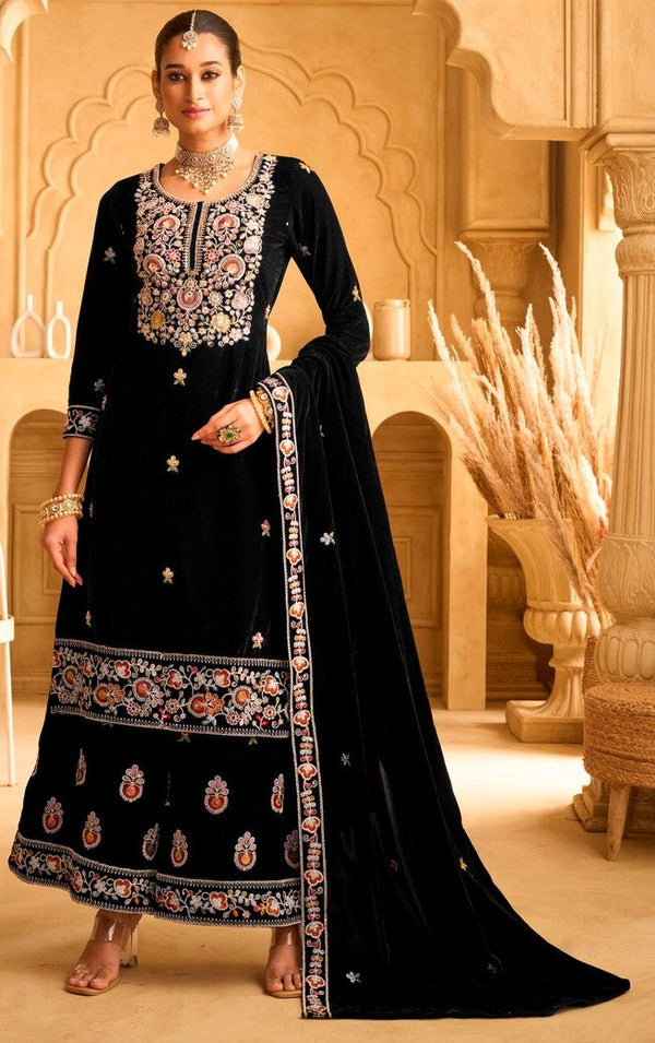 Striking Black Color Velvet Fabric Plazzo Suit