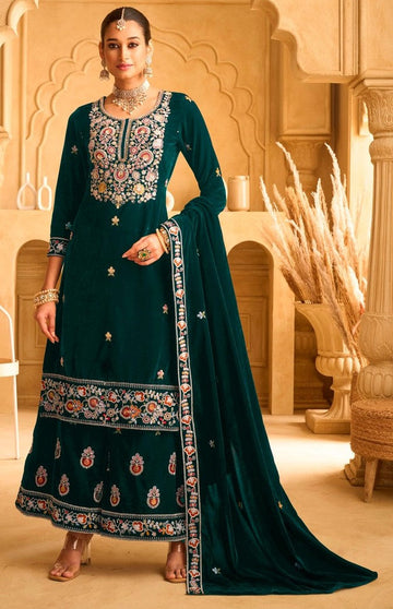 Striking Green Color Velvet Fabric Plazzo Suit