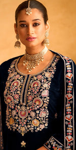Striking Navy Blue Color Velvet Fabric Plazzo Suit