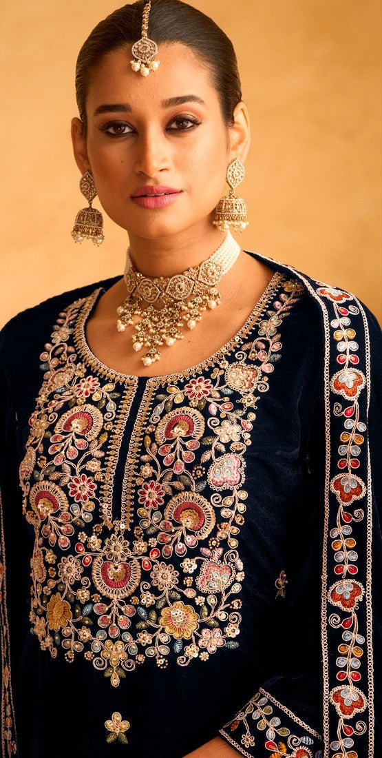 Striking Navy Blue Color Velvet Fabric Plazzo Suit