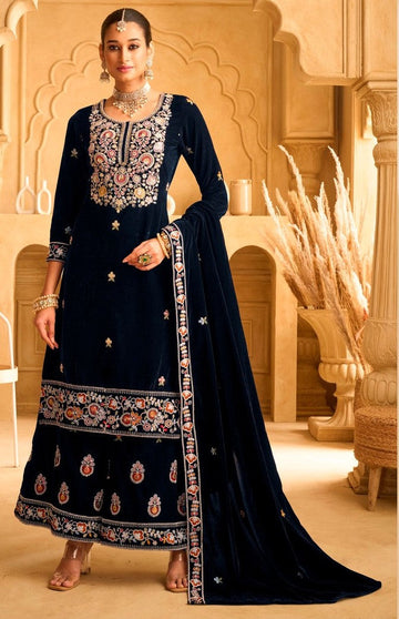 Striking Navy Blue Color Velvet Fabric Plazzo Suit
