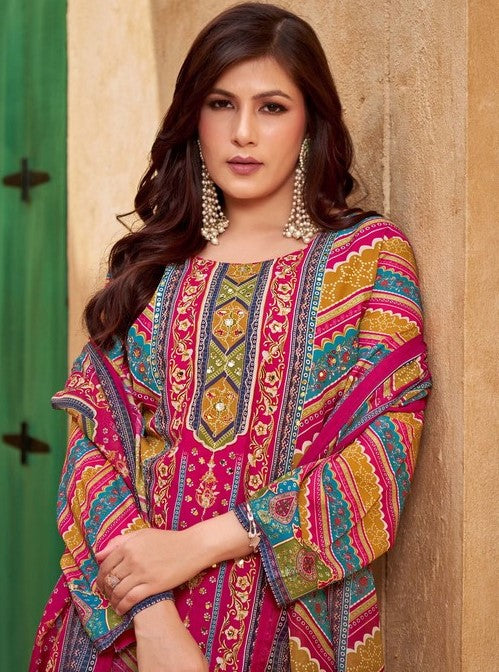 Gorgeous Multi Color Muslin  Fabric Casual Suit