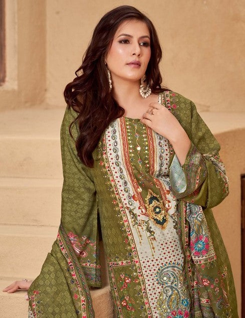Gorgeous Green Color Muslin  Fabric Casual Suit