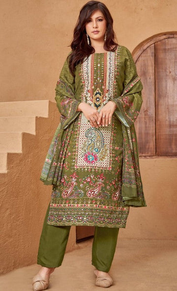 Gorgeous Green Color Muslin  Fabric Casual Suit