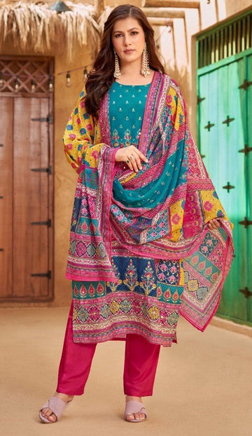 Gorgeous Teal Color Muslin  Fabric Casual Suit