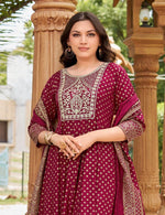 Dazzling Maroon Color Rayon Fabric Designer Suit