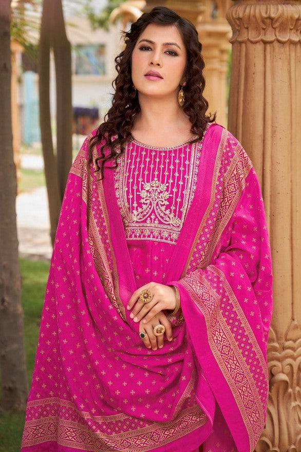 Dazzling Magenta Color Rayon Fabric Designer Suit