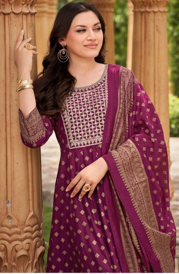 Dazzling Wine Color Rayon Fabric Designer Suit